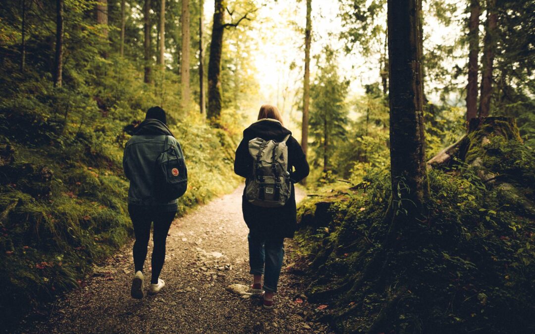 couple walking on a hiking trail in a forest