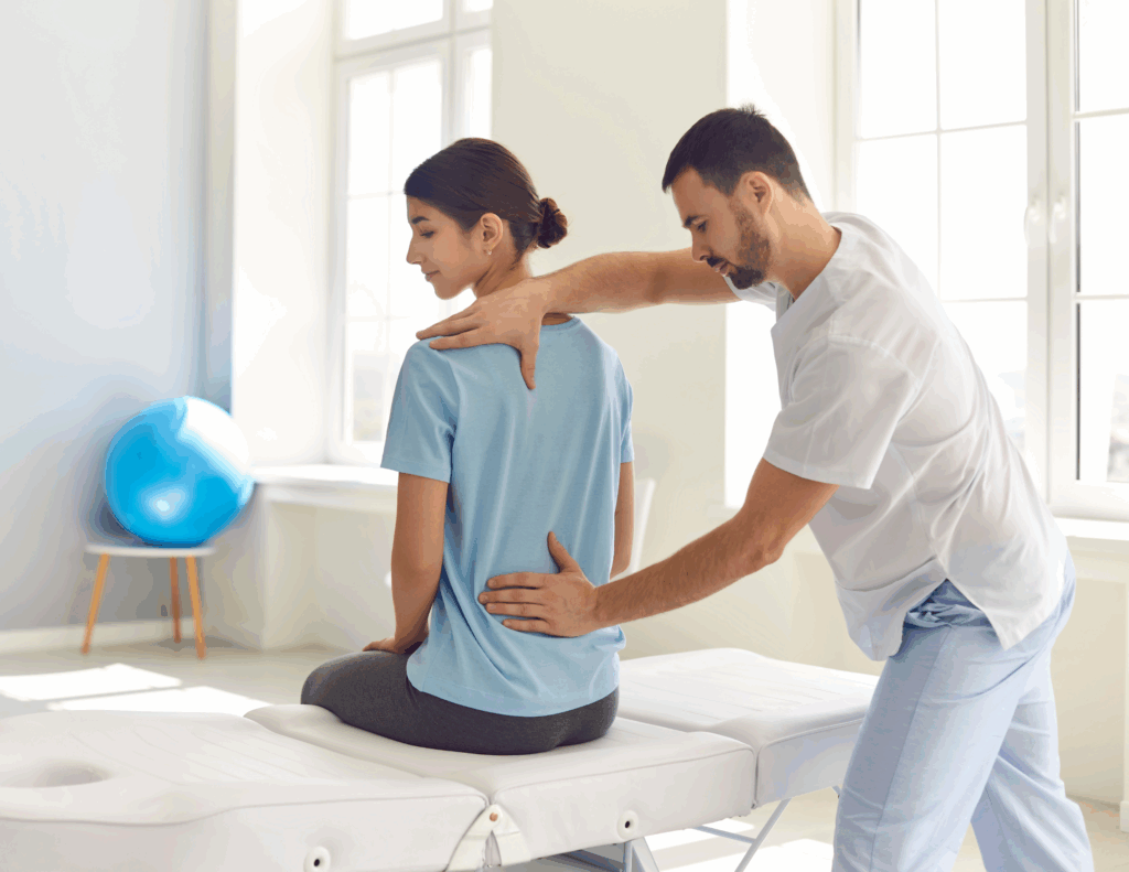 A physical therapist in a white uniform works with a female patient sitting on a treatment table in a bright clinic. The therapist has one hand on the patient's upper back and the other on her lower back to assess her posture and spinal alignment.
