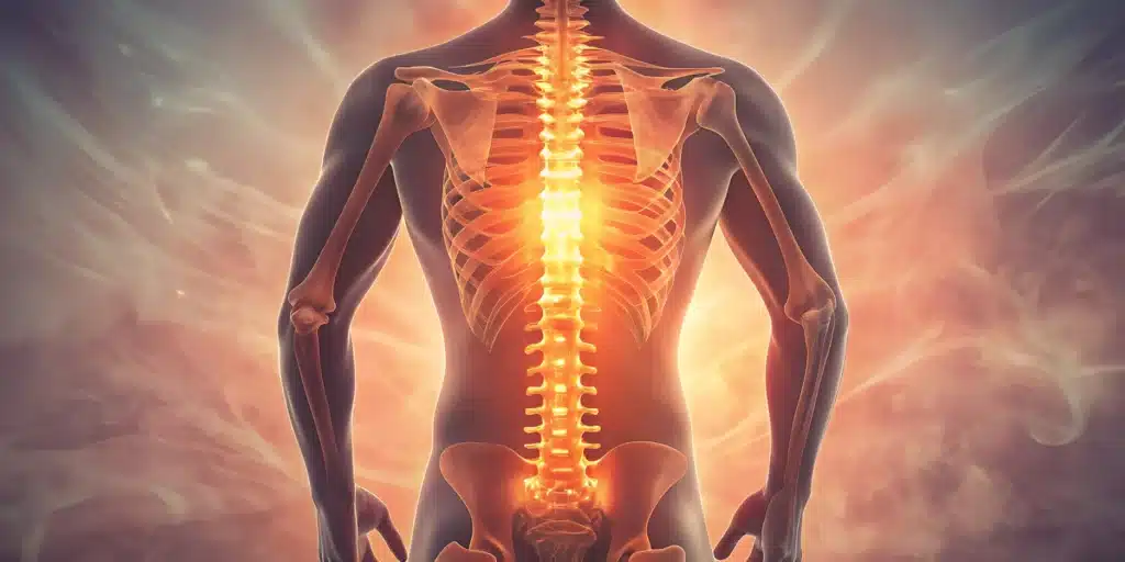 Medical illustration of a human torso viewed from the back, highlighting the spine and rib cage with the spinal cord glowing to represent the nervous system.