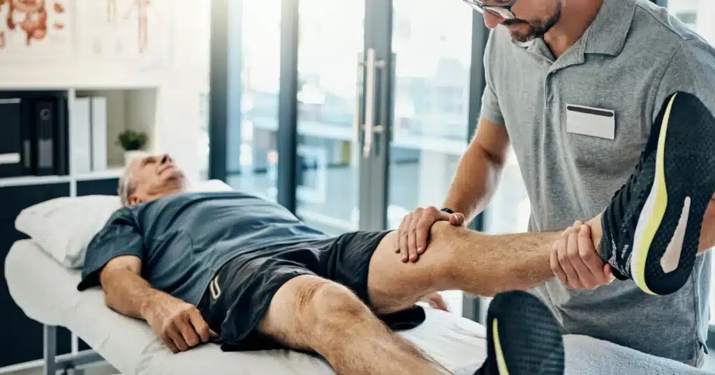 Practitioner at Port Perry Wellness Centre performing a assisted leg stretch and hip mobility treatment on a patient lying on a therapy table